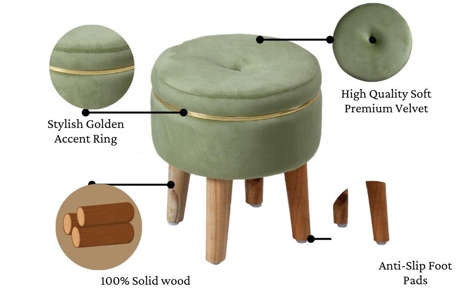 Ottoman Stool for Living Room Foot Rest | Velvet Small Ottoman Foot Stool | Solid Wood Legs | Footstool Puffy for Home, Bedroom & Makeup Table | 30 x 30 cm (12 x 12 Inch) | Light Green