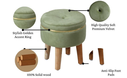 Ottoman Stool for Living Room Foot Rest | Velvet Small Ottoman Foot Stool | Solid Wood Legs | Footstool Puffy for Home, Bedroom & Makeup Table | 30 x 30 cm (12 x 12 Inch) | Light Green