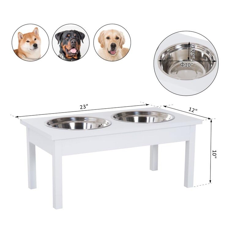 Elevated Pet Feeder Dog Food Water Bowls|Dog Bowl Stand|Double-Sided Stainless Steel Kitchen Dining Table With 2 Bowl (White),?48 cm,H_25 cm,W_30 cm