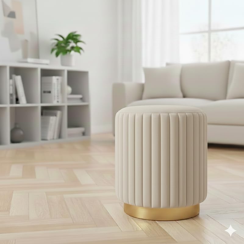 Designer Velvet Round Footstool Ottoman with Sturdy Gold Metal Band Base for Home Décor & Extra Seating, Lightweight Pouf Stool for Sofa Side & Bedroom, 16x16x17 Inch (Cream)