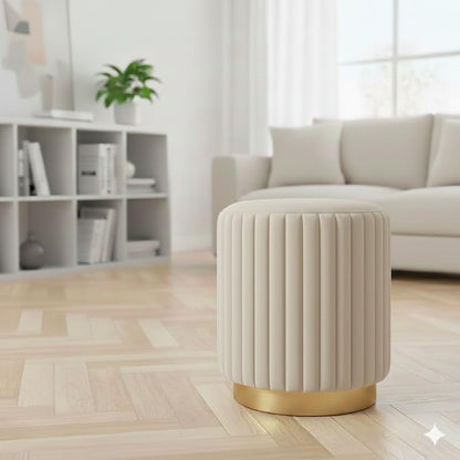 Designer Velvet Round Footstool Ottoman with Sturdy Gold Metal Band Base for Home Décor & Extra Seating, Lightweight Pouf Stool for Sofa Side & Bedroom, 16x16x17 Inch (Cream)