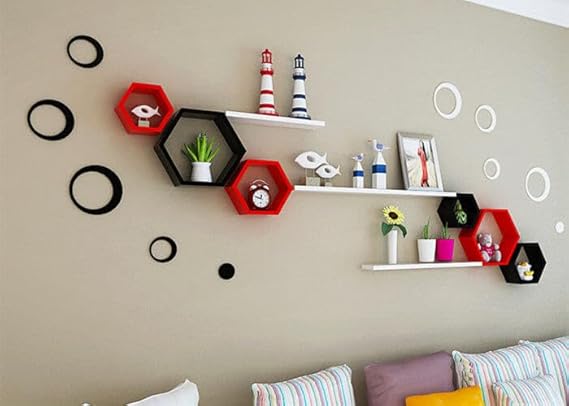 Wooden Hexagon Floating Mounted Shelve Wall Mounted Honey Comb Shelf Set of 6 Shelves for Wall Decor White Honeycomb Shelf Living Room Bathroom Kitchen Office (Red)