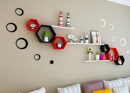 Wooden Hexagon Floating Mounted Shelve Wall Mounted Honey Comb Shelf Set of 6 Shelves for Wall Decor White Honeycomb Shelf Living Room Bathroom Kitchen Office (Red)