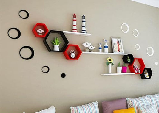 Wooden Hexagon Floating Mounted Shelve Wall Mounted Honey Comb Shelf Set of 6 Shelves for Wall Decor White Honeycomb Shelf Living Room Bathroom Kitchen Office (Red)