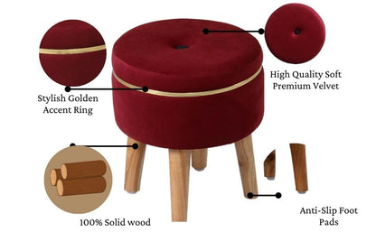 Ottoman Stool for Living Room Foot Rest | Velvet Small Ottoman Foot Stool | Solid Wood Legs | Footstool Puffy for Home, Bedroom & Makeup Table | 30 x 30 cm (12 x 12 Inch) | Maroon
