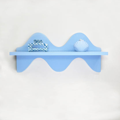 Decorative Wave Wall Shelf, Light Blue Wood, Nautical Beach Theme, Single Tier Floating Display