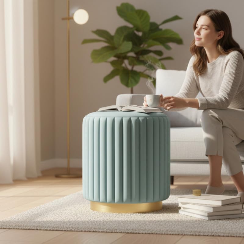 Designer Velvet Round Footstool Ottoman with Sturdy Gold Metal Band Base for Home Décor & Extra Seating, Lightweight Pouf Stool for Sofa Side & Bedroom, 16x16x17 Inch (Aqua)