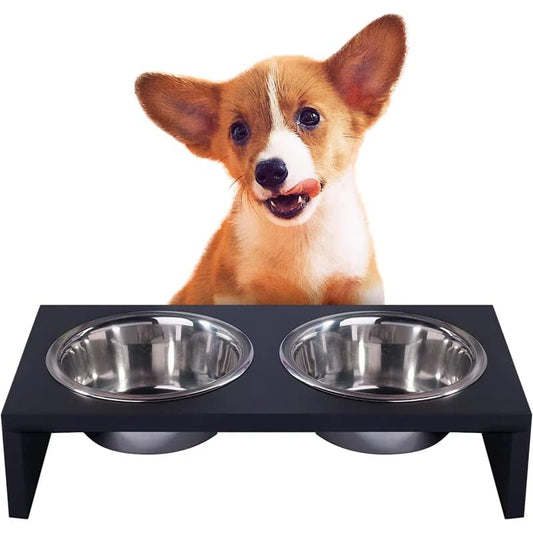 Elevated Dog Bowl Stand with Stainless Steel Bowls, Wooden Top, for Small and Medium Dogs, Anti-Slip Modern Pet Feeding Station