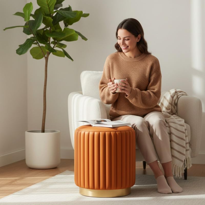 Designer Velvet Round Footstool Ottoman with Sturdy Gold Metal Band Base for Home Décor & Extra Seating, Lightweight Pouf Stool for Sofa Side & Bedroom, 16x16x17 Inch (Orange)
