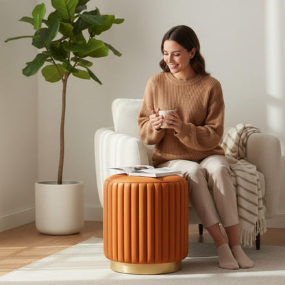 Designer Velvet Round Footstool Ottoman with Sturdy Gold Metal Band Base for Home Décor & Extra Seating, Lightweight Pouf Stool for Sofa Side & Bedroom, 16x16x17 Inch (Orange)