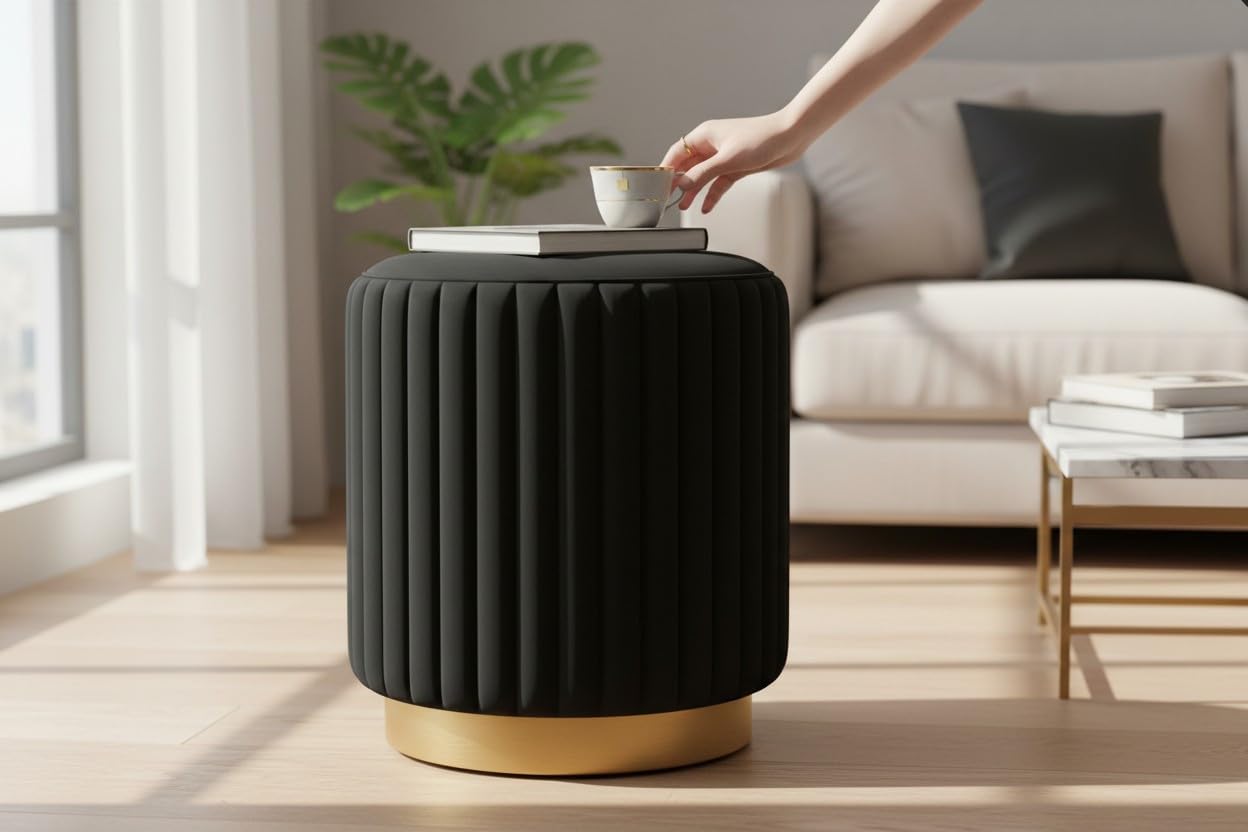 Designer Velvet Round Footstool Ottoman with Sturdy Gold Metal Band Base for Home Décor & Extra Seating, Lightweight Pouf Stool for Sofa Side & Bedroom, 16x16x17 Inch (Black)