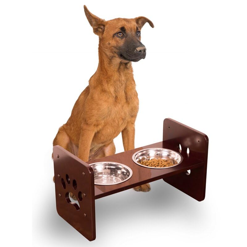 Elevated Wooden Dog Bowl Stand with 2 Stainless Steel Bowls | Adjustable Raised Dog Feeder for Small & Medium Dogs | Anti-Slip Paw Design Pet Feeding Station (Brown)