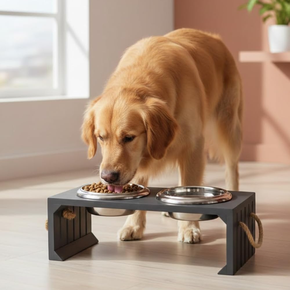 Pet Diner Stainless Steel Pet Bowl Combo with Elevated Wooden Base | Double Feeding Bowl Combo for Providing Food and Water to Beloved Dog, Puppies & Cats (Elevated Wooden Diner of 950ml)