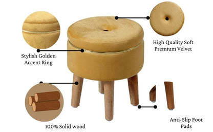Ottoman Stool for Living Room Foot Rest | Velvet Small Ottoman Foot Stool | Solid Wood Legs | Footstool Puffy for Home, Bedroom & Makeup Table | 30 x 30 cm (12 x 12 Inch) | Yellow