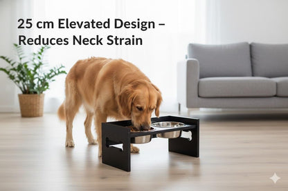 Elevated Wooden Dog Feeder with Stainless Steel Bowls | Raised Pet Food Stand for Dogs & Cats Feeding Station with Bone Cutout Design | Double Bowl Pet Feeding Table (Black)