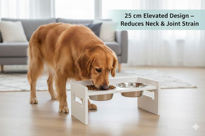 Elevated Wooden Dog Feeder with Stainless Steel Bowls | Raised Pet Food Stand for Dogs & Cats Feeding Station with Bone Cutout Design | Double Bowl Pet Feeding Table (White)