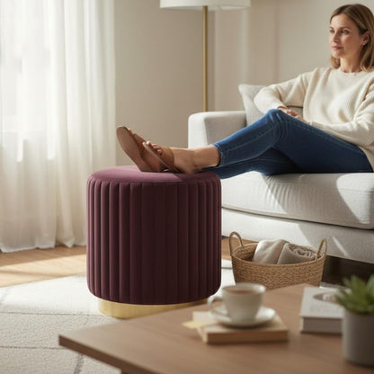 Designer Velvet Round Footstool Ottoman with Sturdy Gold Metal Band Base for Home Décor & Extra Seating, Lightweight Pouf Stool for Sofa Side & Bedroom, 16x16x17 Inch (Coffee)