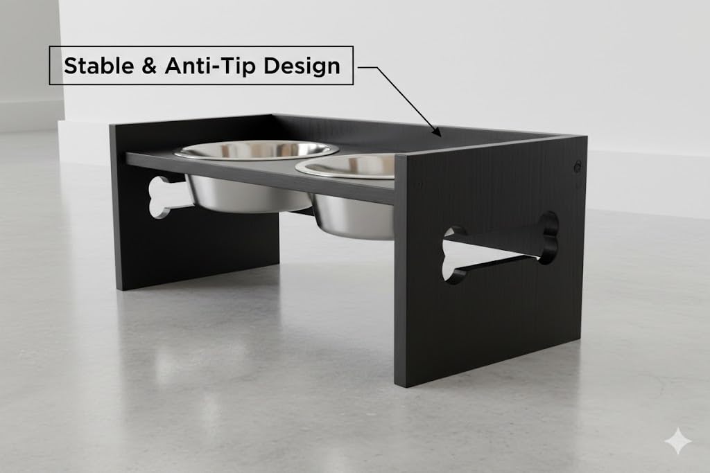 Elevated Wooden Dog Feeder with Stainless Steel Bowls | Raised Pet Food Stand for Dogs & Cats Feeding Station with Bone Cutout Design | Double Bowl Pet Feeding Table (Black)