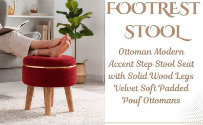 Ottoman Stool for Living Room Foot Rest | Velvet Small Ottoman Foot Stool | Solid Wood Legs | Footstool Puffy for Home, Bedroom & Makeup Table | 30 x 30 cm (12 x 12 Inch) | Maroon