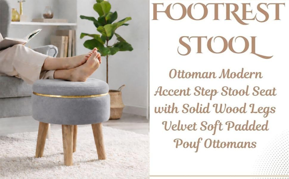Ottoman Stool for Living Room Foot Rest | Velvet Small Ottoman Foot Stool | Solid Wood Legs | Footstool Puffy for Home, Bedroom & Makeup Table | 30 x 30 cm (12 x 12 Inch) | Grey