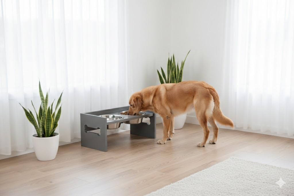 Elevated Wooden Dog Feeder with Stainless Steel Bowls | Raised Pet Food Stand for Dogs & Cats Feeding Station with Bone Cutout Design | Double Bowl Pet Feeding Table (Grey)