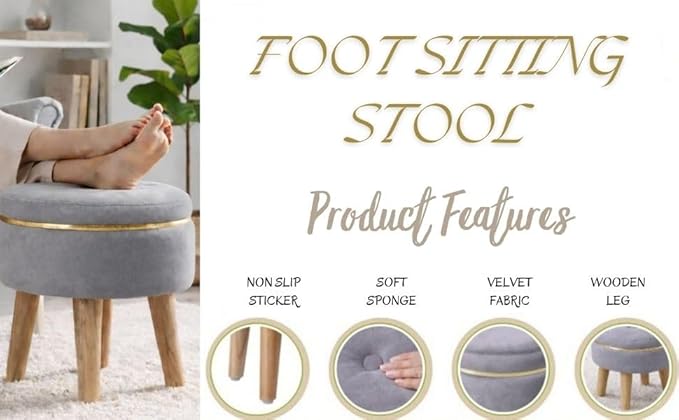 Ottoman Stool for Living Room Foot Rest | Velvet Small Ottoman Foot Stool | Solid Wood Legs | Footstool Puffy for Home, Bedroom & Makeup Table | 30 x 30 cm (12 x 12 Inch) | Yellow