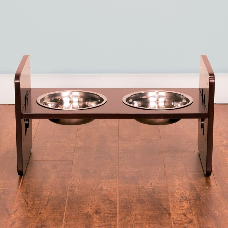 Elevated Wooden Dog Bowl Stand with 2 Stainless Steel Bowls | Adjustable Raised Dog Feeder for Small & Medium Dogs | Anti-Slip Paw Design Pet Feeding Station (Brown)