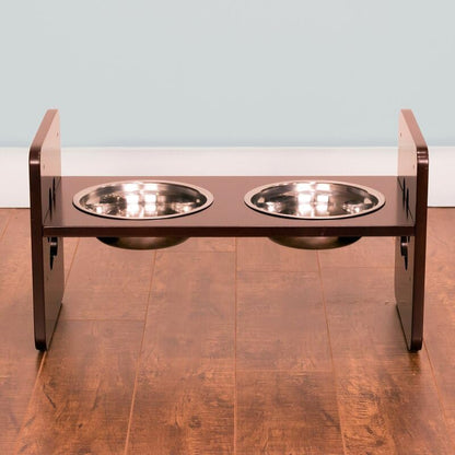 Elevated Wooden Dog Bowl Stand with 2 Stainless Steel Bowls | Adjustable Raised Dog Feeder for Small & Medium Dogs | Anti-Slip Paw Design Pet Feeding Station (Brown)
