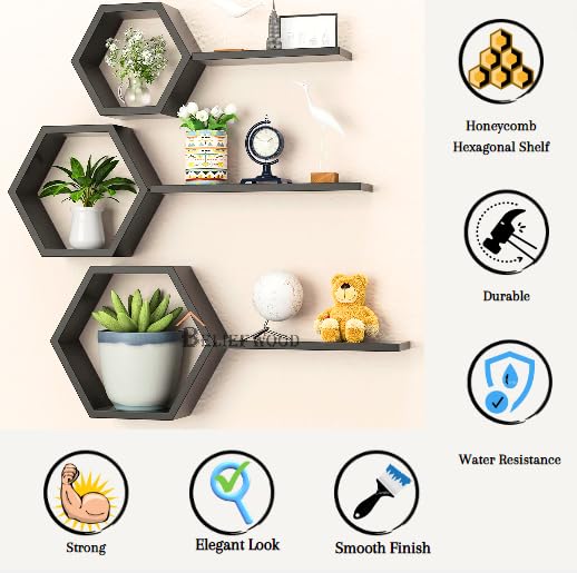 Wooden Hexagon Floating Shelves Wall Mounted Honey Comb Shelf Set of 6 Wall Decor White Wall Shelve for Bedroom Living Room Bathroom Kitchen Office (Black)