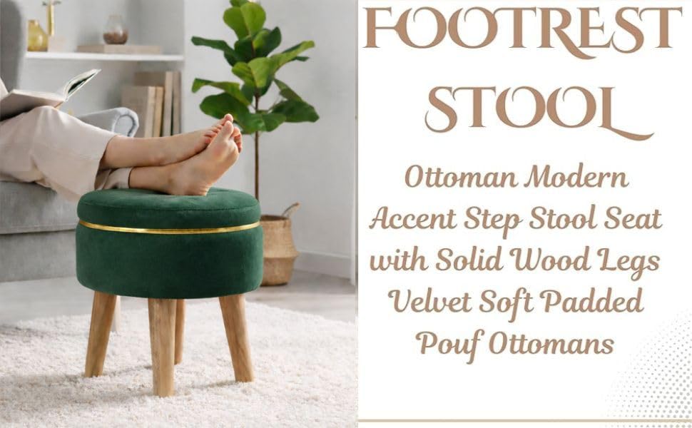 Ottoman Stool for Living Room Foot Rest | Velvet Small Ottoman Foot Stool | Solid Wood Legs | Footstool Puffy for Home, Bedroom & Makeup Table | 30 x 30 cm (12 x 12 Inch) | Green