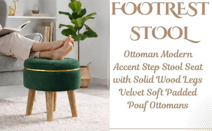 Ottoman Stool for Living Room Foot Rest | Velvet Small Ottoman Foot Stool | Solid Wood Legs | Footstool Puffy for Home, Bedroom & Makeup Table | 30 x 30 cm (12 x 12 Inch) | Green