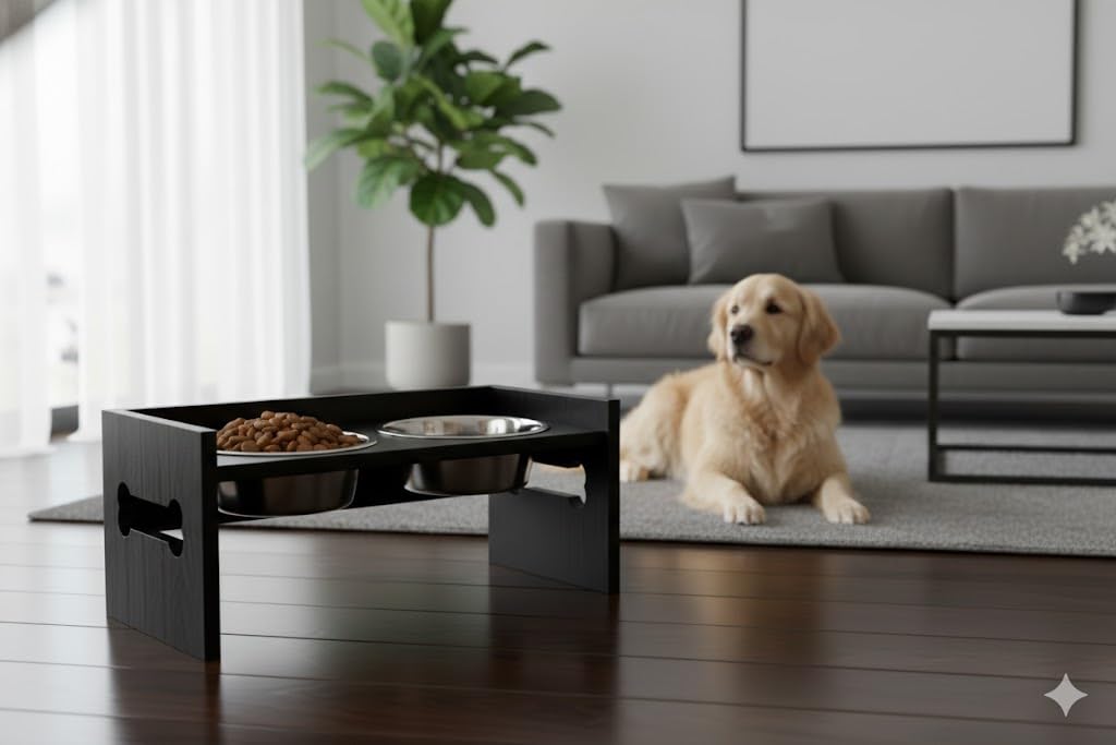 Elevated Wooden Dog Feeder with Stainless Steel Bowls | Raised Pet Food Stand for Dogs & Cats Feeding Station with Bone Cutout Design | Double Bowl Pet Feeding Table (Black)