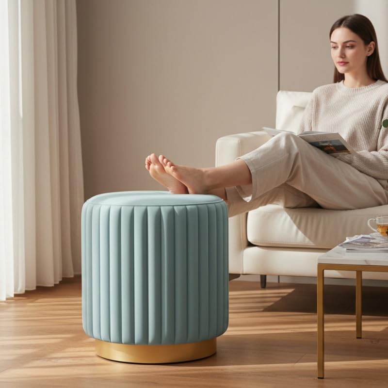 Designer Velvet Round Footstool Ottoman with Sturdy Gold Metal Band Base for Home Décor & Extra Seating, Lightweight Pouf Stool for Sofa Side & Bedroom, 16x16x17 Inch (Aqua)