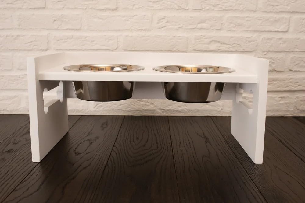 Elevated Wooden Dog Feeder with Stainless Steel Bowls | Raised Pet Food Stand for Dogs & Cats Feeding Station with Bone Cutout Design | Double Bowl Pet Feeding Table (White)