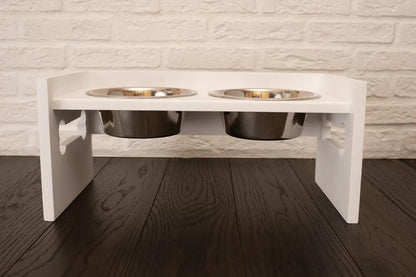 Elevated Wooden Dog Feeder with Stainless Steel Bowls | Raised Pet Food Stand for Dogs & Cats Feeding Station with Bone Cutout Design | Double Bowl Pet Feeding Table (White)