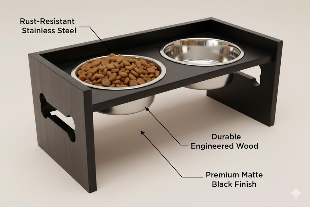 Elevated Wooden Dog Feeder with Stainless Steel Bowls | Raised Pet Food Stand for Dogs & Cats Feeding Station with Bone Cutout Design | Double Bowl Pet Feeding Table (Black)