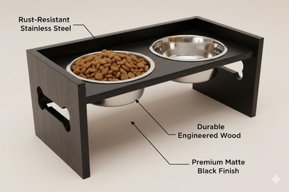 Elevated Wooden Dog Feeder with Stainless Steel Bowls | Raised Pet Food Stand for Dogs & Cats Feeding Station with Bone Cutout Design | Double Bowl Pet Feeding Table (Black)