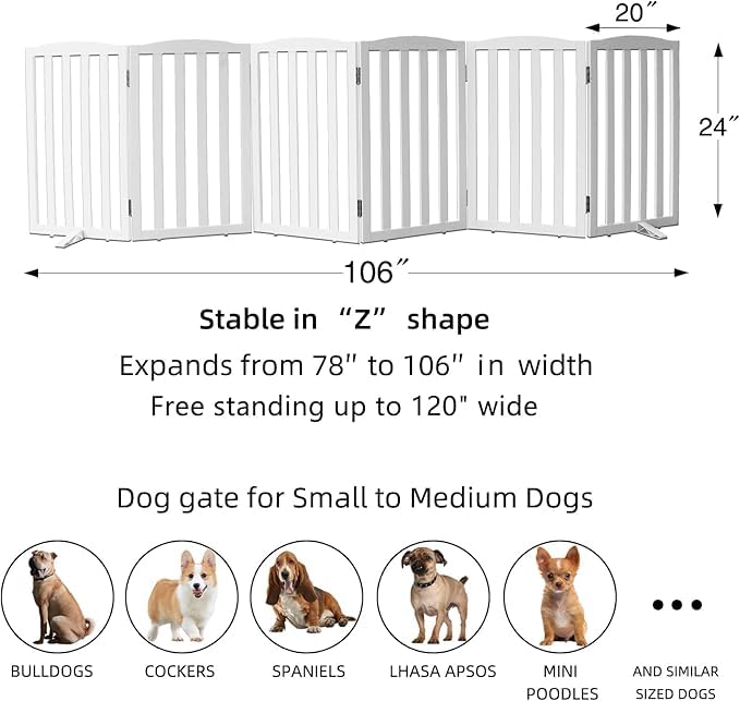 Freestanding Dog Gate | Foldable Wooden Pet Safety Gate for Dogs & Kids | Indoor Barrier with Support Feet for Stairs, Doorways, Hallways & Kitchens - 24" (White, 6 Panel)