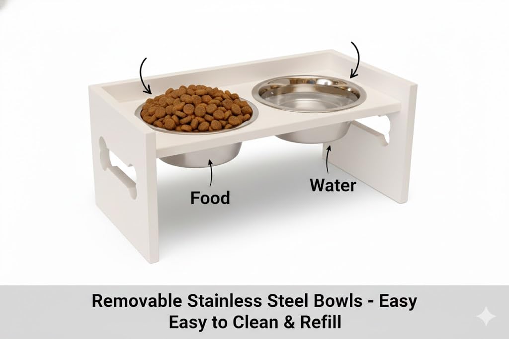 Elevated Wooden Dog Feeder with Stainless Steel Bowls | Raised Pet Food Stand for Dogs & Cats Feeding Station with Bone Cutout Design | Double Bowl Pet Feeding Table (White)