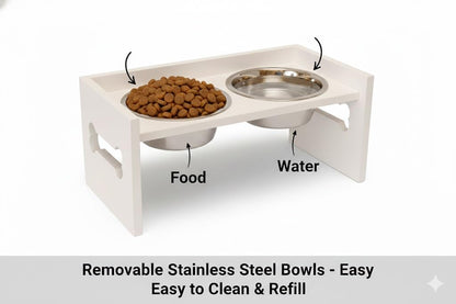 Elevated Wooden Dog Feeder with Stainless Steel Bowls | Raised Pet Food Stand for Dogs & Cats Feeding Station with Bone Cutout Design | Double Bowl Pet Feeding Table (White)