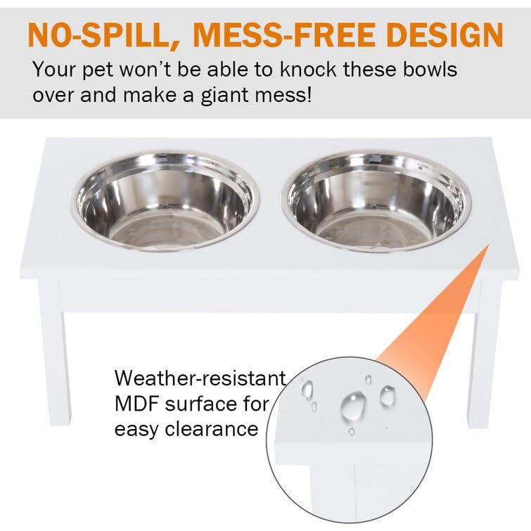Elevated Pet Feeder Dog Food Water Bowls|Dog Bowl Stand|Double-Sided Stainless Steel Kitchen Dining Table With 2 Bowl (White),?48 cm,H_25 cm,W_30 cm