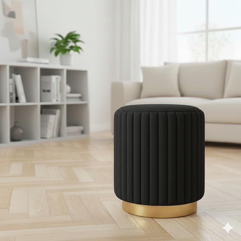 Designer Velvet Round Footstool Ottoman with Sturdy Gold Metal Band Base for Home Décor & Extra Seating, Lightweight Pouf Stool for Sofa Side & Bedroom, 16x16x17 Inch (Black)