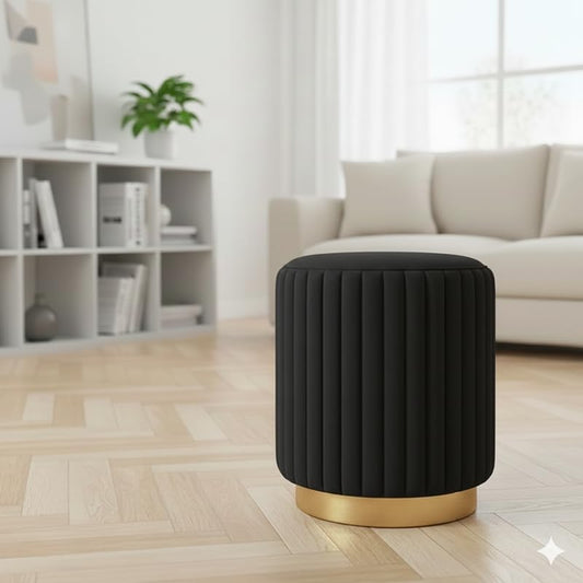 Designer Velvet Round Footstool Ottoman with Sturdy Gold Metal Band Base for Home Décor & Extra Seating, Lightweight Pouf Stool for Sofa Side & Bedroom, 16x16x17 Inch (Black)