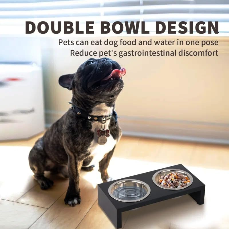 Elevated Dog Bowl Stand with Stainless Steel Bowls, Wooden Top, for Small and Medium Dogs, Anti-Slip Modern Pet Feeding Station