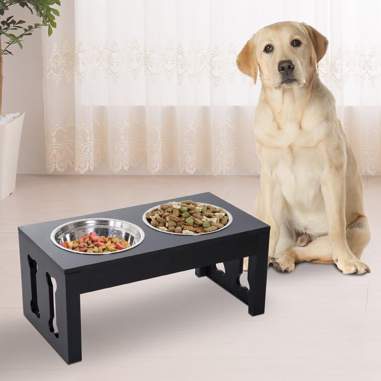 Wooden Large Dog pet Stand Modern & Elegant Wood Elevated Dog Bowls/Cat Bowls. Our Durable & Beautiful Raised Pet Feeder Bowl Stand Perfect for Smaller Pets (Black)