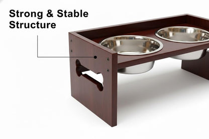 Elevated Wooden Dog Feeder with Stainless Steel Bowls | Raised Pet Food Stand for Dogs & Cats Feeding Station with Bone Cutout Design | Double Bowl Pet Feeding Table (Brown)