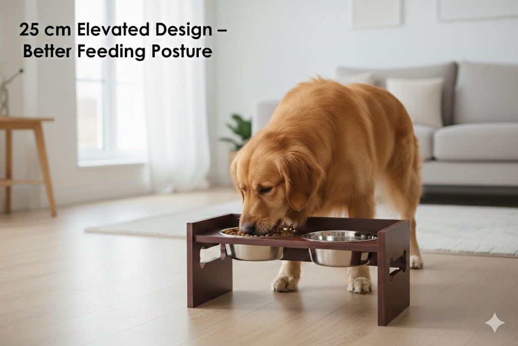 Elevated Wooden Dog Feeder with Stainless Steel Bowls | Raised Pet Food Stand for Dogs & Cats Feeding Station with Bone Cutout Design | Double Bowl Pet Feeding Table (Brown)