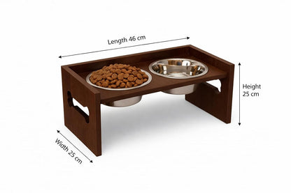 Elevated Wooden Dog Feeder with Stainless Steel Bowls | Raised Pet Food Stand for Dogs & Cats Feeding Station with Bone Cutout Design | Double Bowl Pet Feeding Table (Brown)