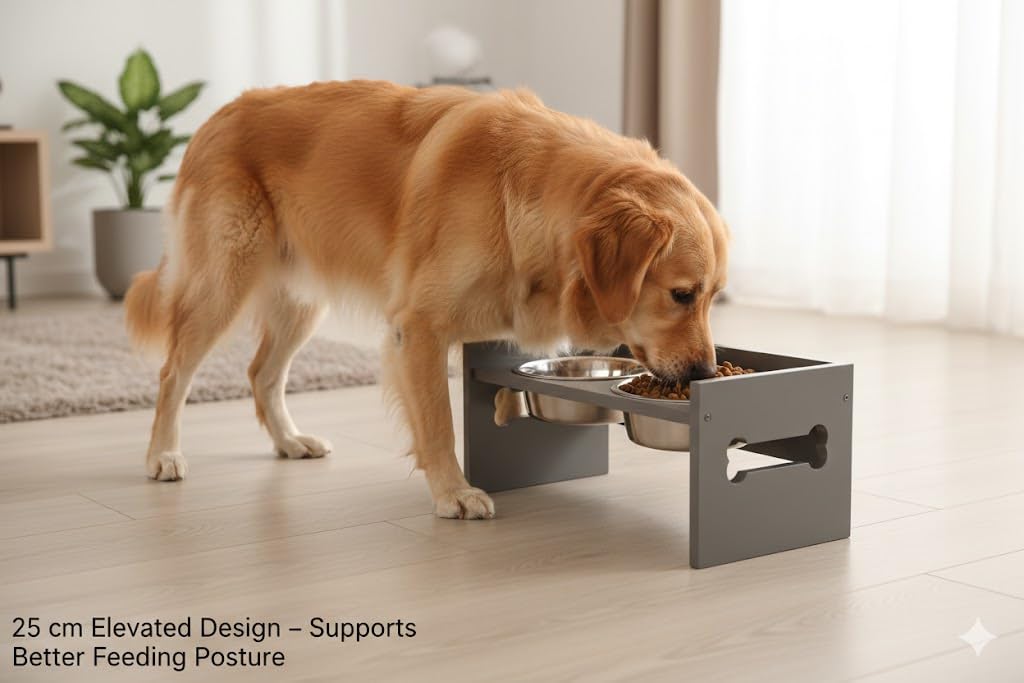 Elevated Wooden Dog Feeder with Stainless Steel Bowls | Raised Pet Food Stand for Dogs & Cats Feeding Station with Bone Cutout Design | Double Bowl Pet Feeding Table (Grey)