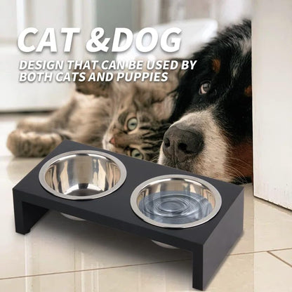 Elevated Dog Bowl Stand with Stainless Steel Bowls, Wooden Top, for Small and Medium Dogs, Anti-Slip Modern Pet Feeding Station
